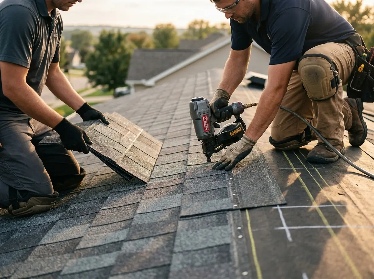 Professional roofer working on a residential roof in Roxborough Park